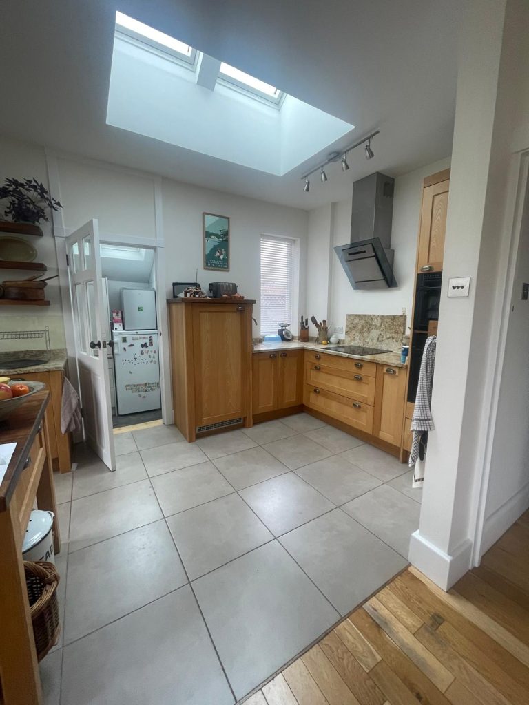 Freshly painted kitchen walls and ceiling in Bristol home using Johnstones Paints