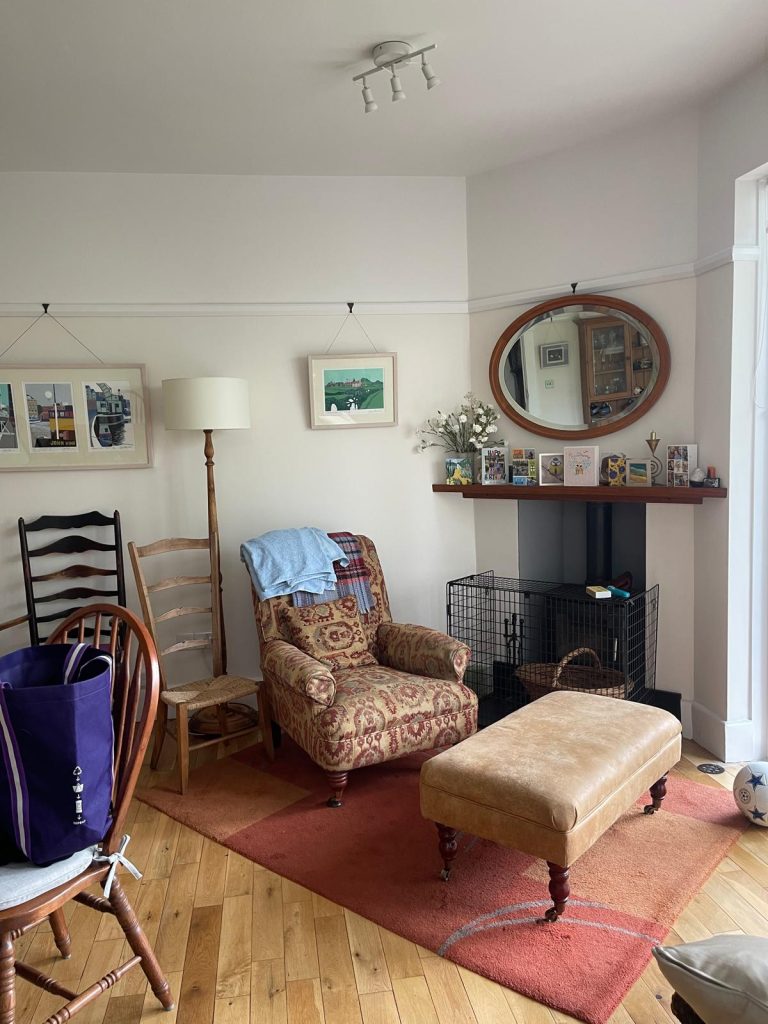 Living room painting completed in Kellaway Avenue Bristol with neutral walls and fireplace area